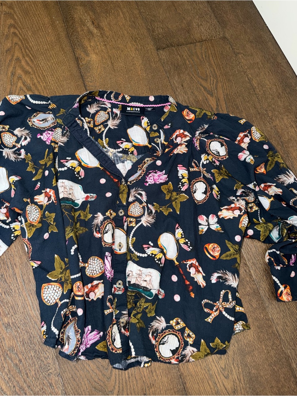 Maeve Anthropologie Floral Navy Blue Blouse Shirt Sz XS - Picture 3 of 6